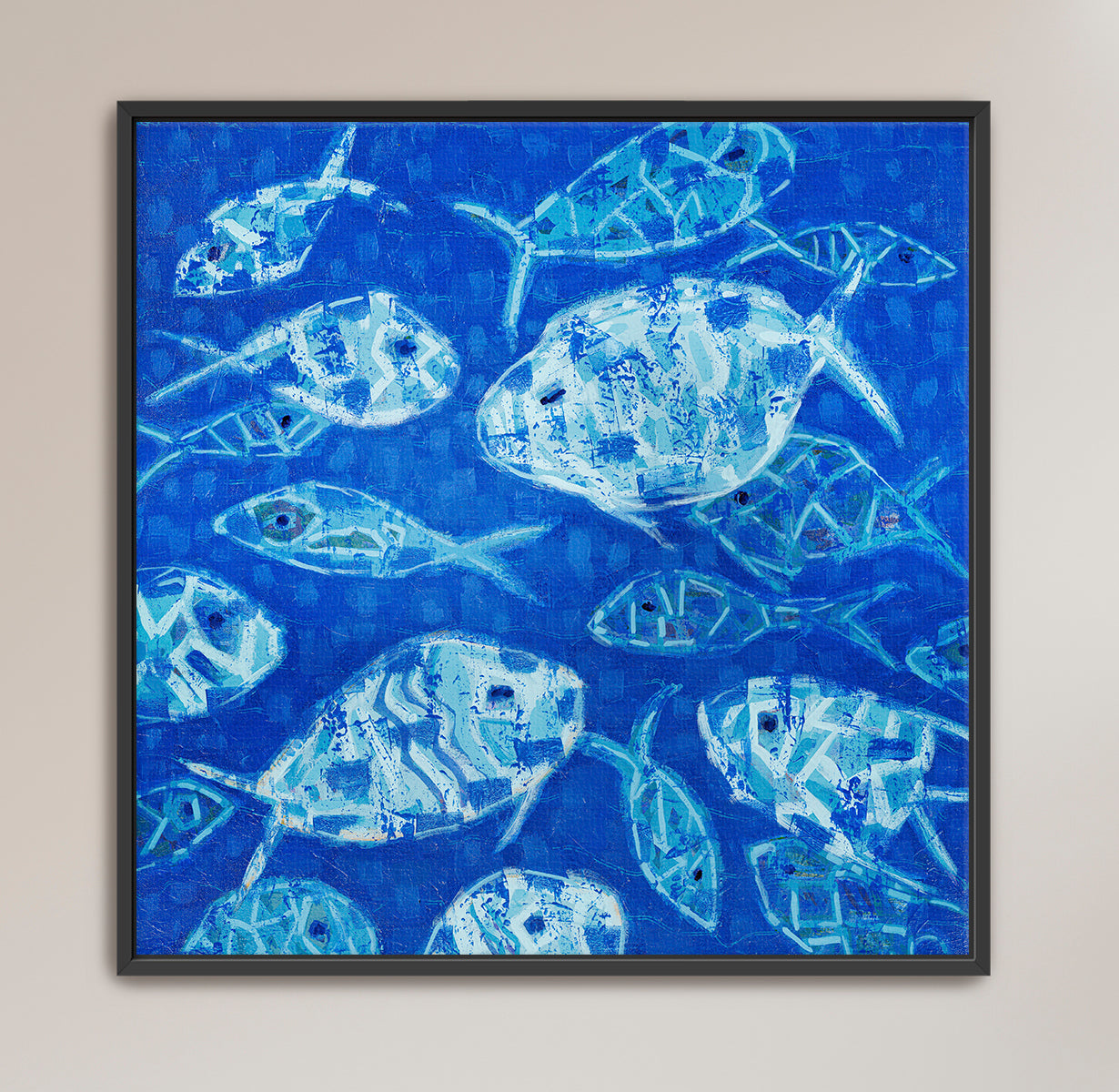 Blue contemporary fish artwork blending symbolism and coastal elegance