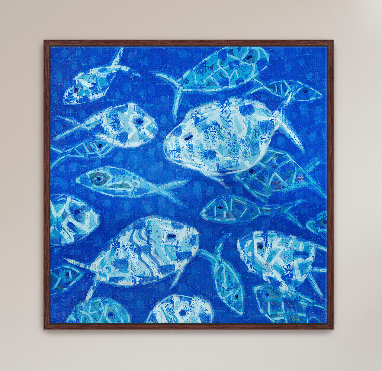 Coastal contemporary painting of abstract fish with calming color palette