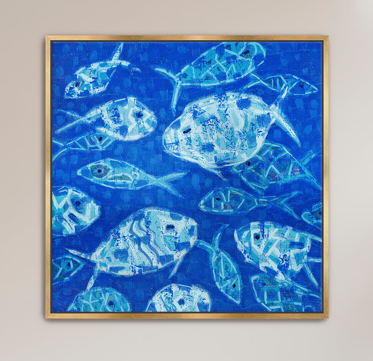 Modern marine-inspired artwork highlighting fish forms in vibrant blues