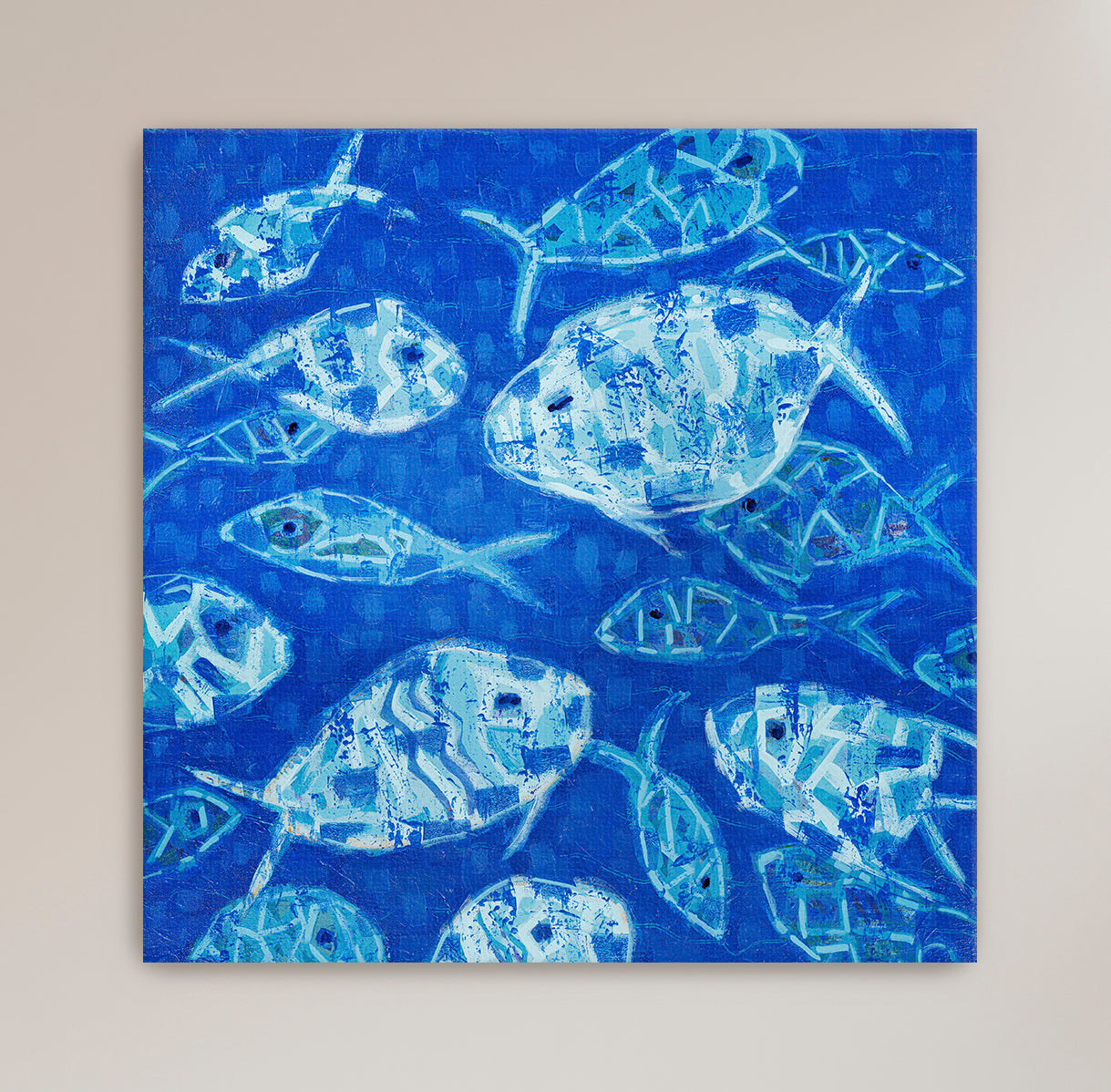Abstract ocean fish artwork in blue tones for refined interior design