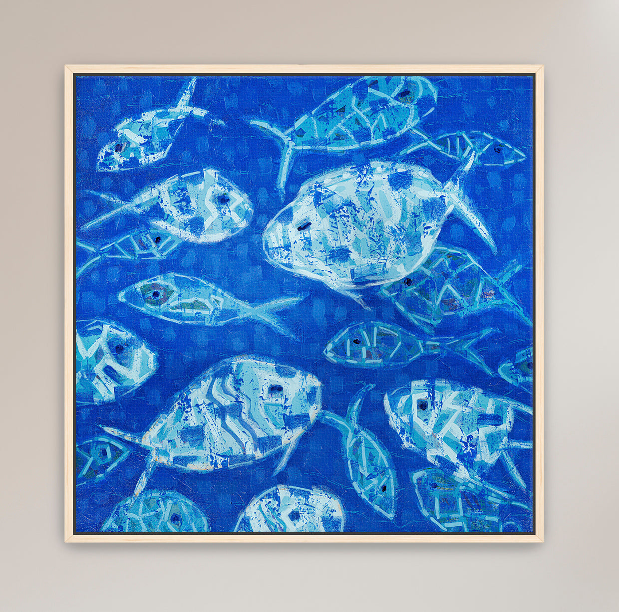 Abstract fish painting with rhythmic movement in deep sea blues