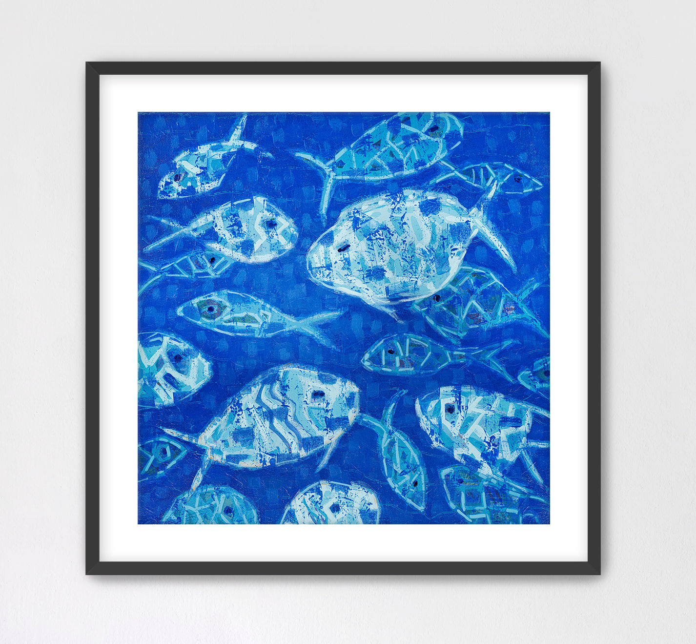 Abstract fish painting in layered ocean blues with modern coastal design