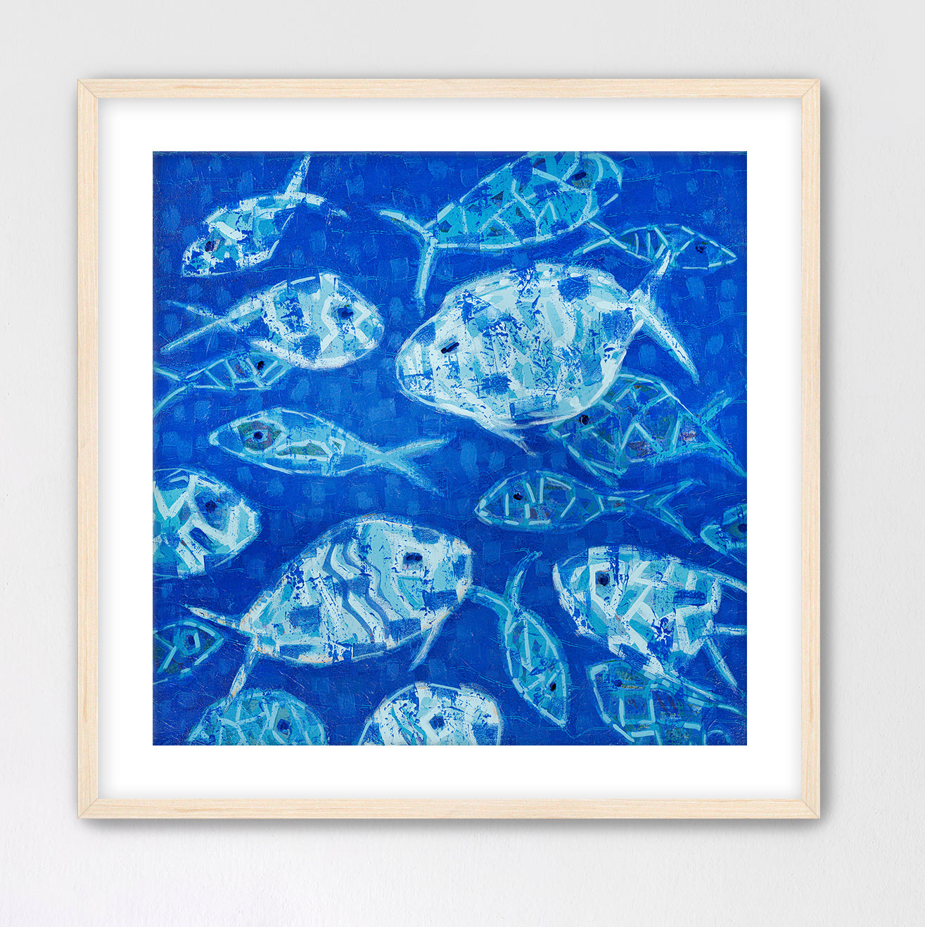 Modern coastal abstract fish painting in rich blue and aqua tones