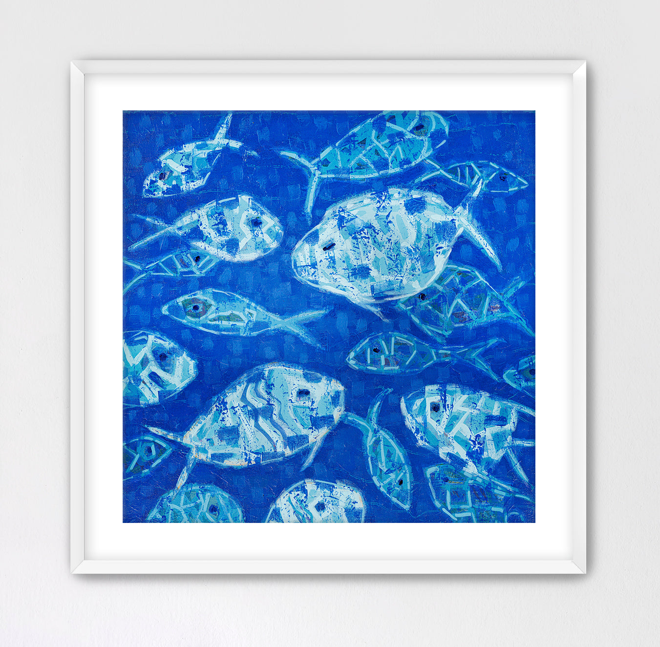 Contemporary blue fish artwork inspired by movement and flow of the sea