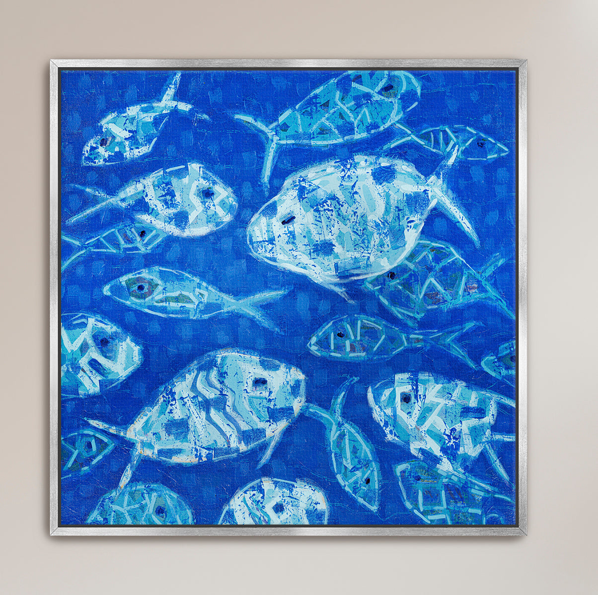 Coastal abstract artwork showcasing fish imagery in expressive blue layers