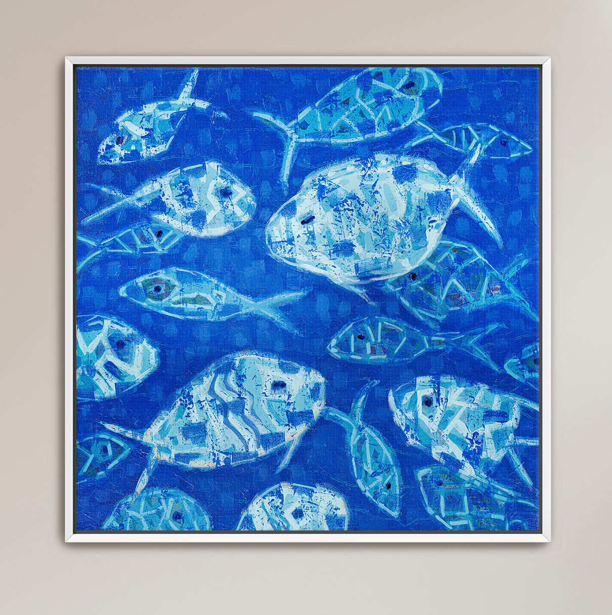 Modern coastal wall art featuring stylized fish and layered textures