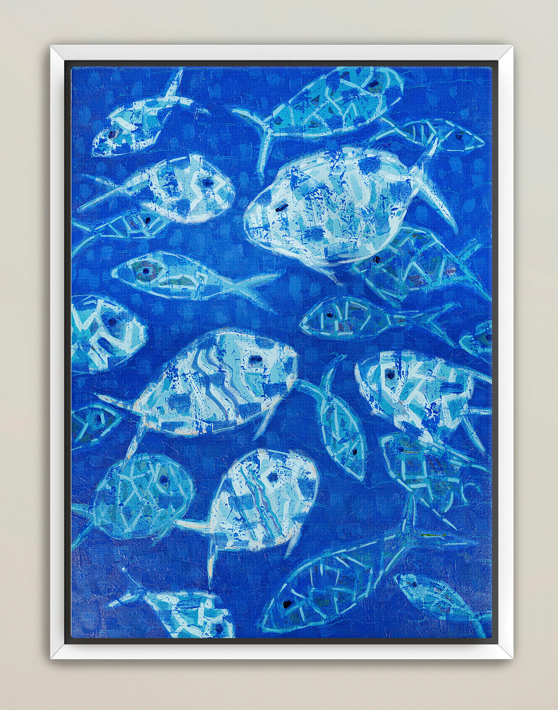 Modern blue underwater fish artwork on giclée canvas
