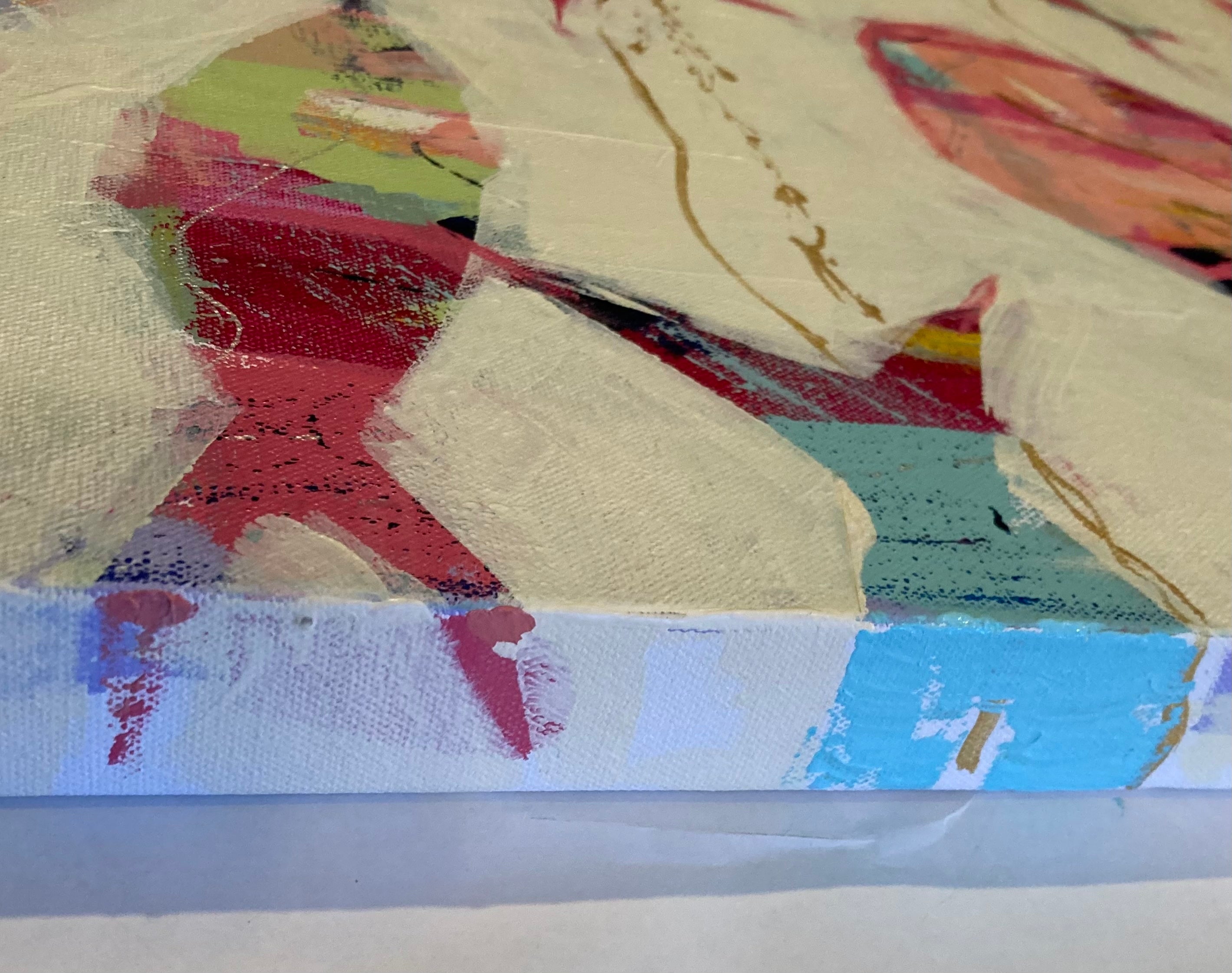 Close-up detail of iridescent gold wave lines and layered texture in a contemporary coastal abstract fish painting