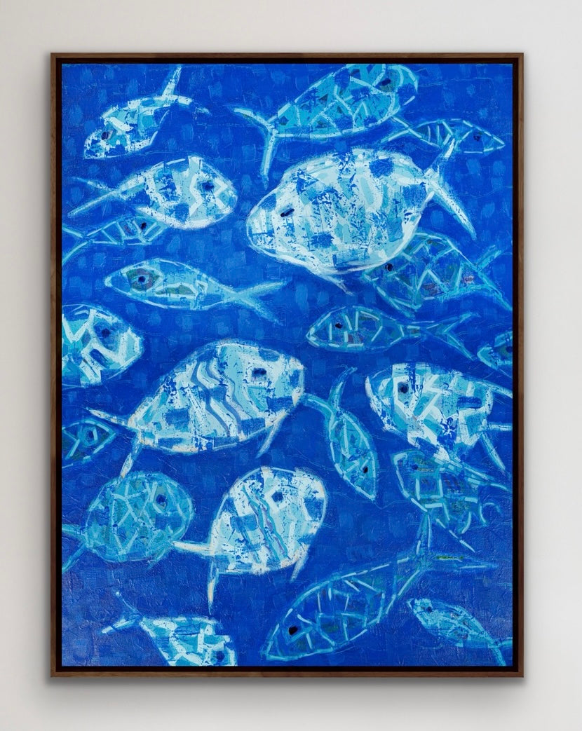 Large scale blue abstract fish painting with overlapping forms and energetic composition designed for refined interiors