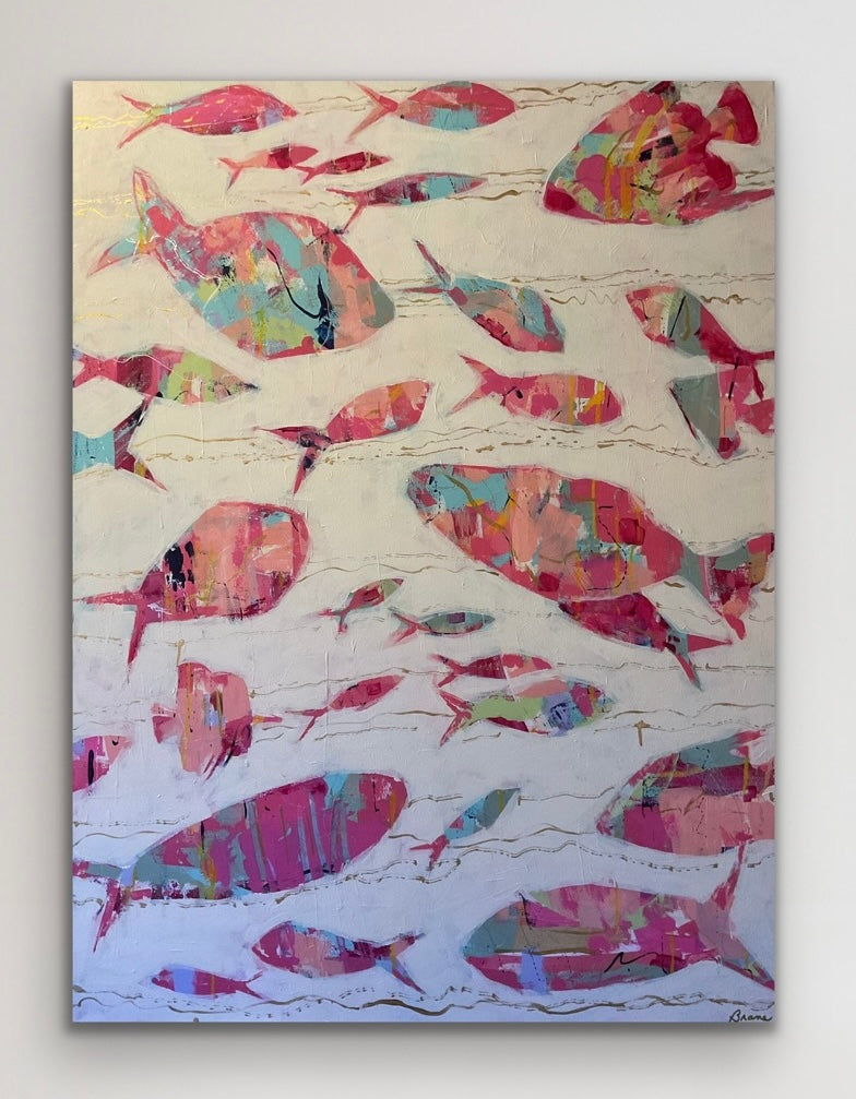 Large scale coastal abstract painting with layered fish imagery and reflective gold wave details, designed for refined interiors