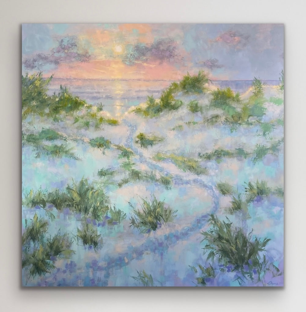 Large scale coastal landscape painting featuring sand dunes, sea grass, and a tranquil ocean view at dawn