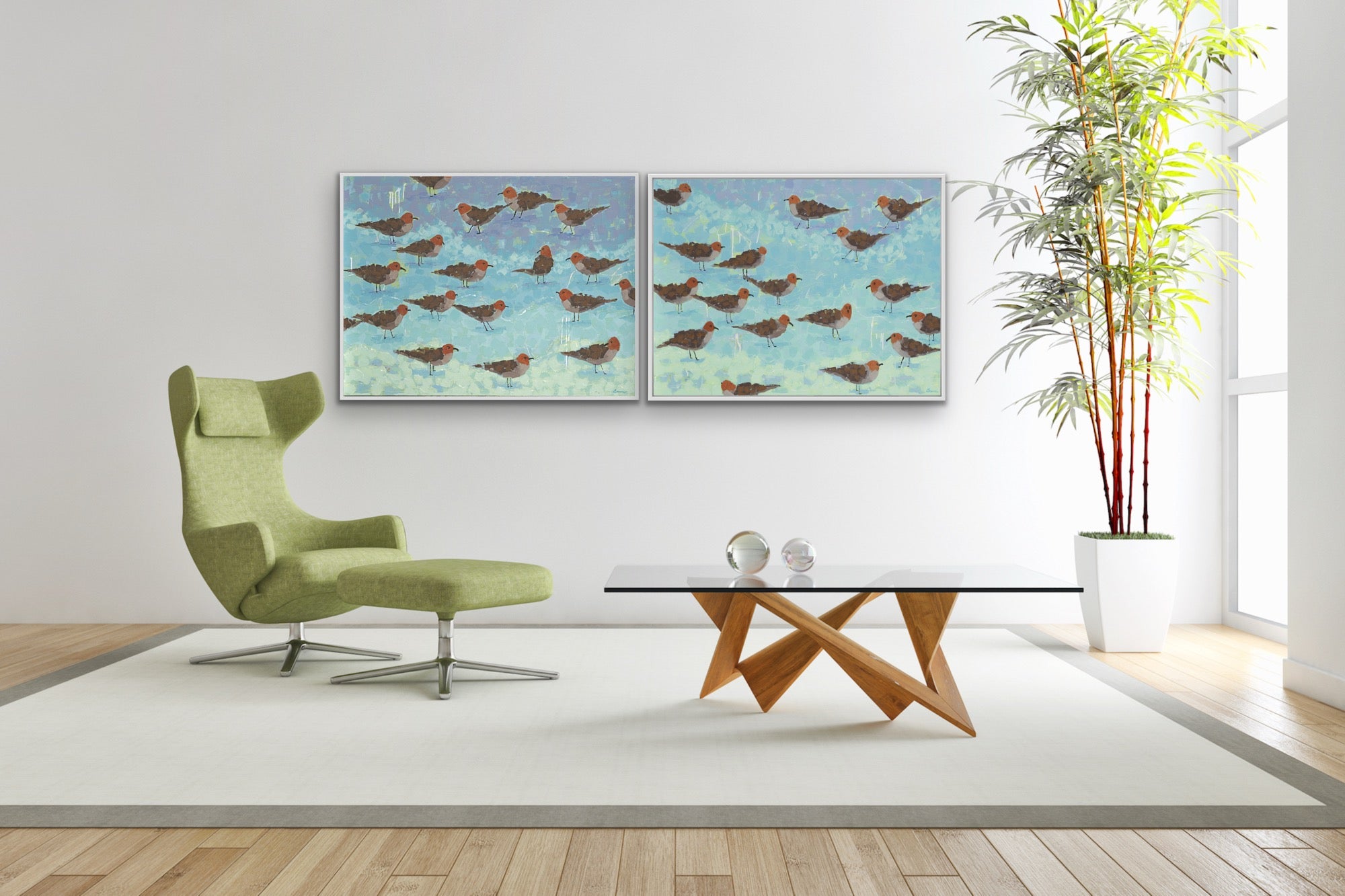 Contemporary coastal wall art set of two canvas prints for refined beach house interiors. 