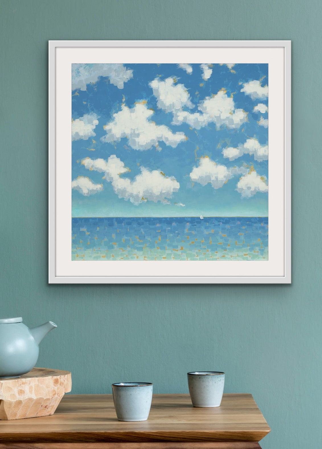 Soft impressionist seascape with layered blue tones, glowing clouds, and a lone sailboat on the horizon