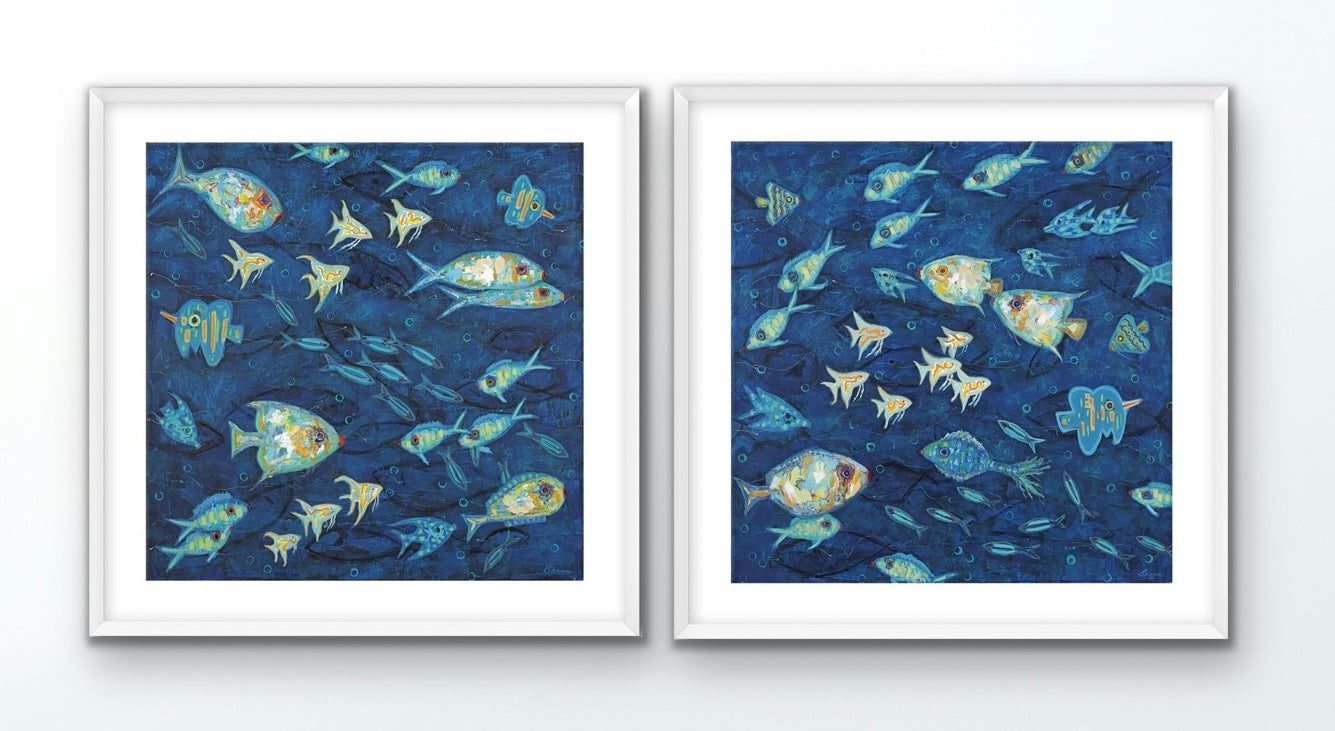 Ocean Gala I & II cotton rag diptych with colorful coastal fish in motion