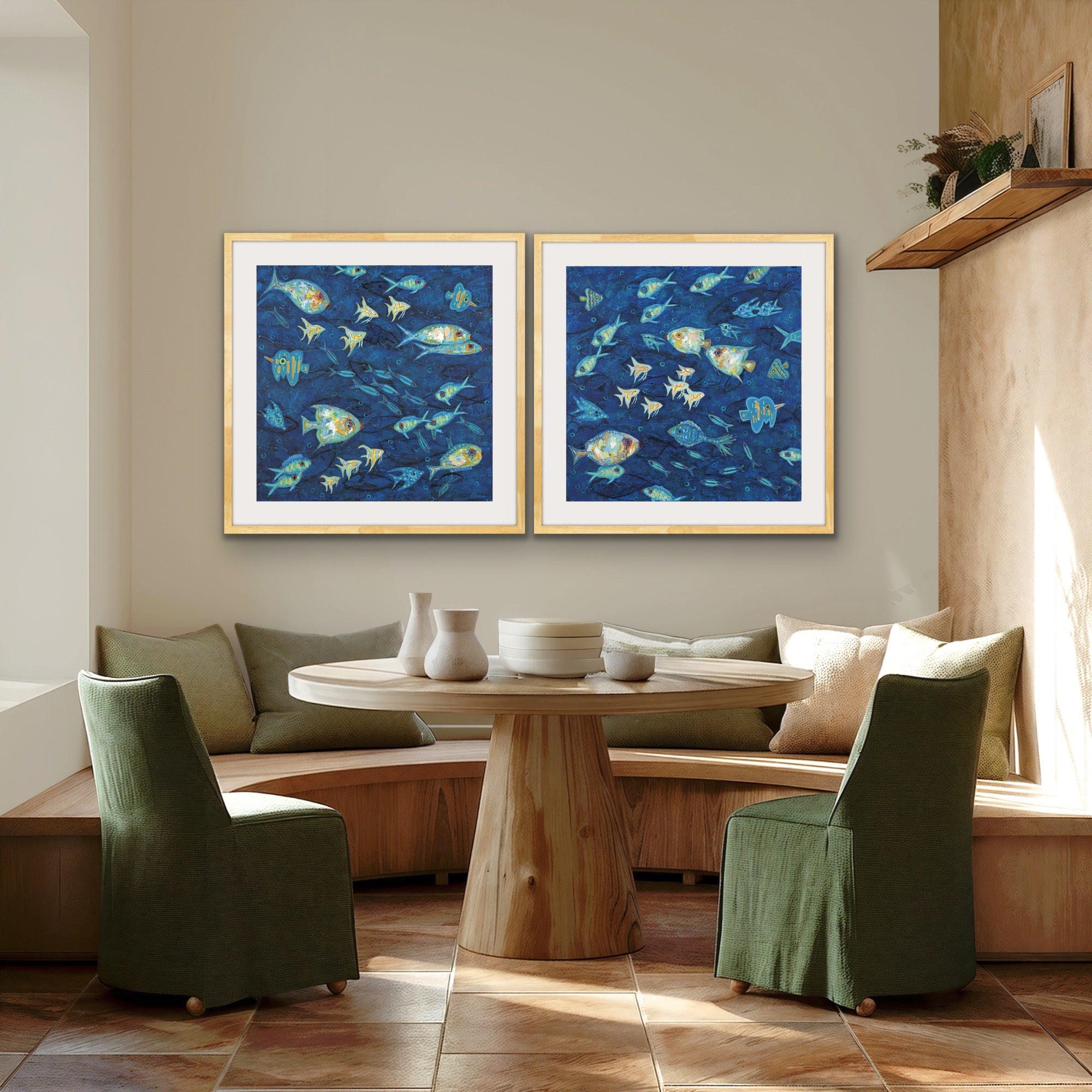 Modern interior with a round wooden table and green chairs, featuring matted and framed underwater fish diptych with deep indigo ocean tones.