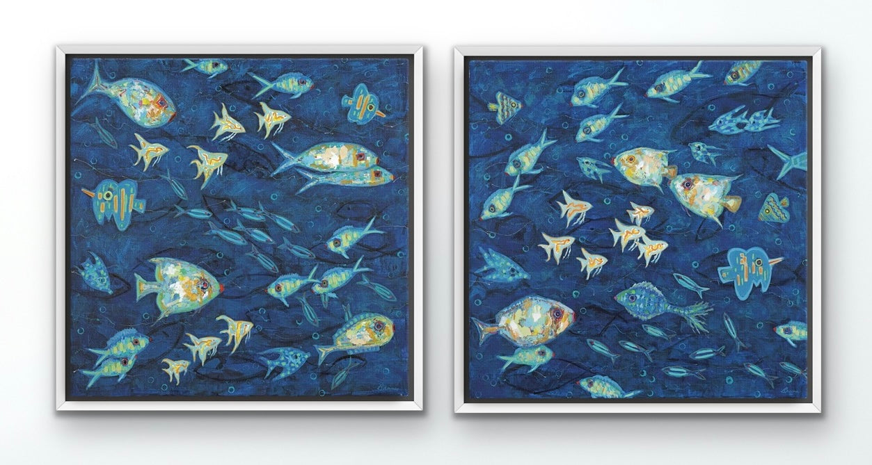 Ocean Gala I & II coastal fish diptych with layered textures and vibrant blues