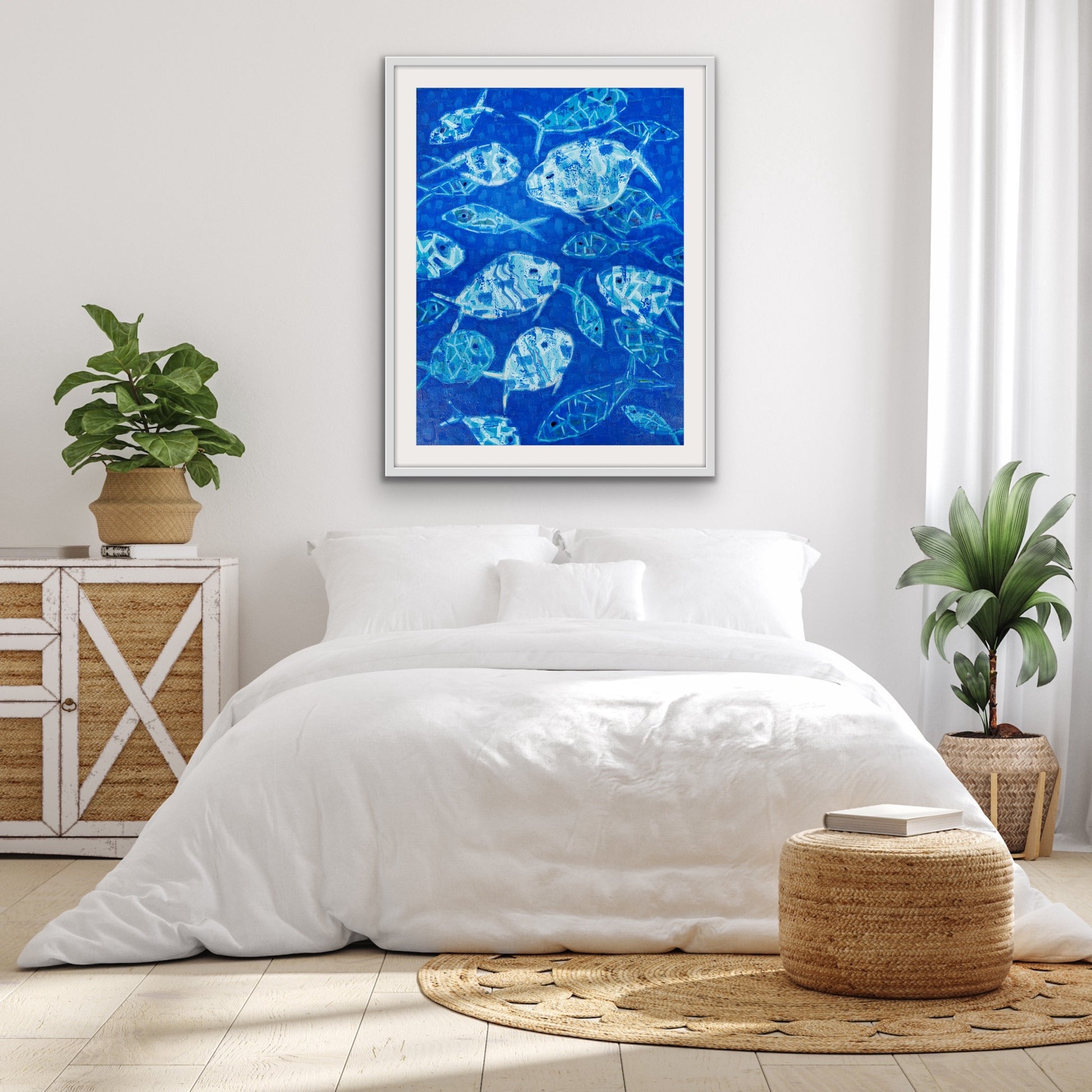 Contemporary abstract fish painting on a Bedroom wall with white bedding, and plants.