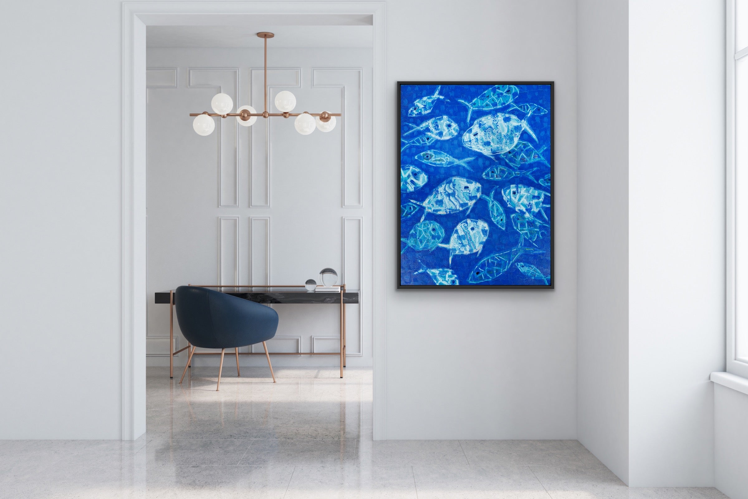 Modern coastal abstract fish painting with layered blue hues, texture, and rhythmic movement across the canvas
