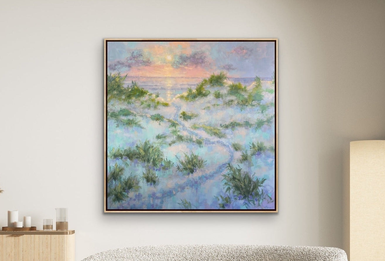 Modern coastal landscape original painting with layered blues and greens inspired by sea grass, sky, and shoreline paths