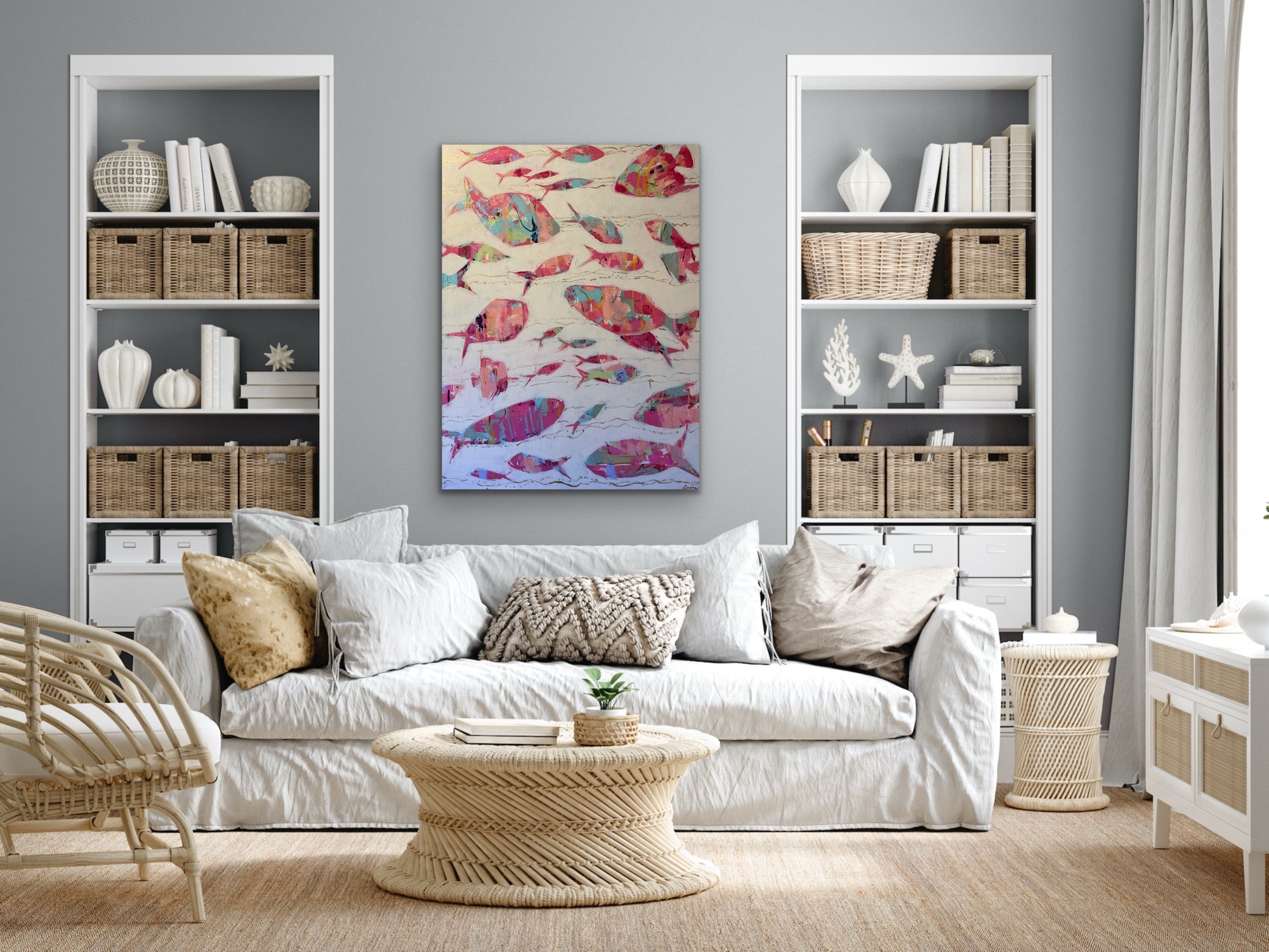 Modern luxe coastal fish painting with symbolic movement and horizontal iridescent gold wave lines across a soft neutral background