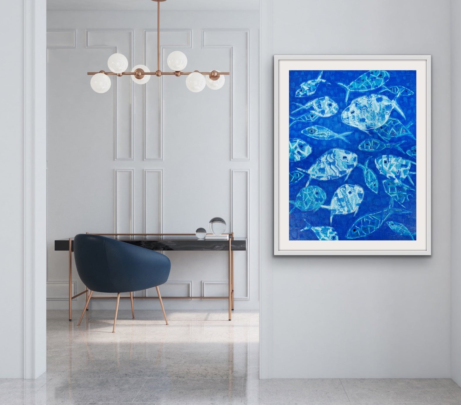 Modern interior with a blue fish pattern artwork on the wall