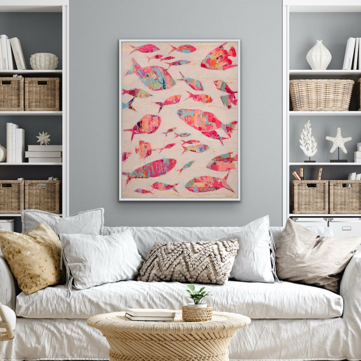 Vibrant coral and teal ocean art is a symbolic coastal fine art print by Martha Brane