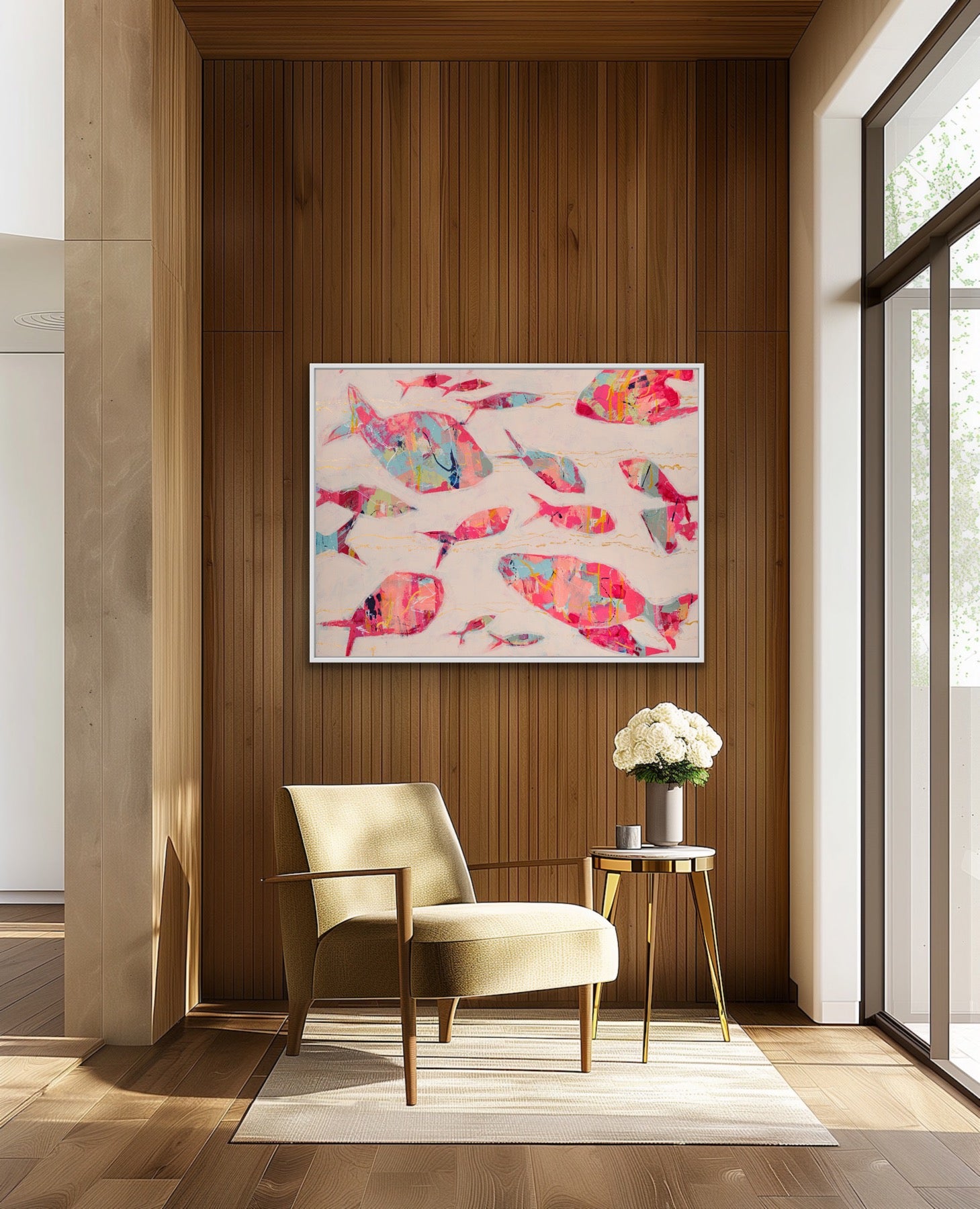 Modern interior with an abstract school of fish painting with colorful collage textures on canvas on a wooden wall, a beige armchair, and a small table with a vase.