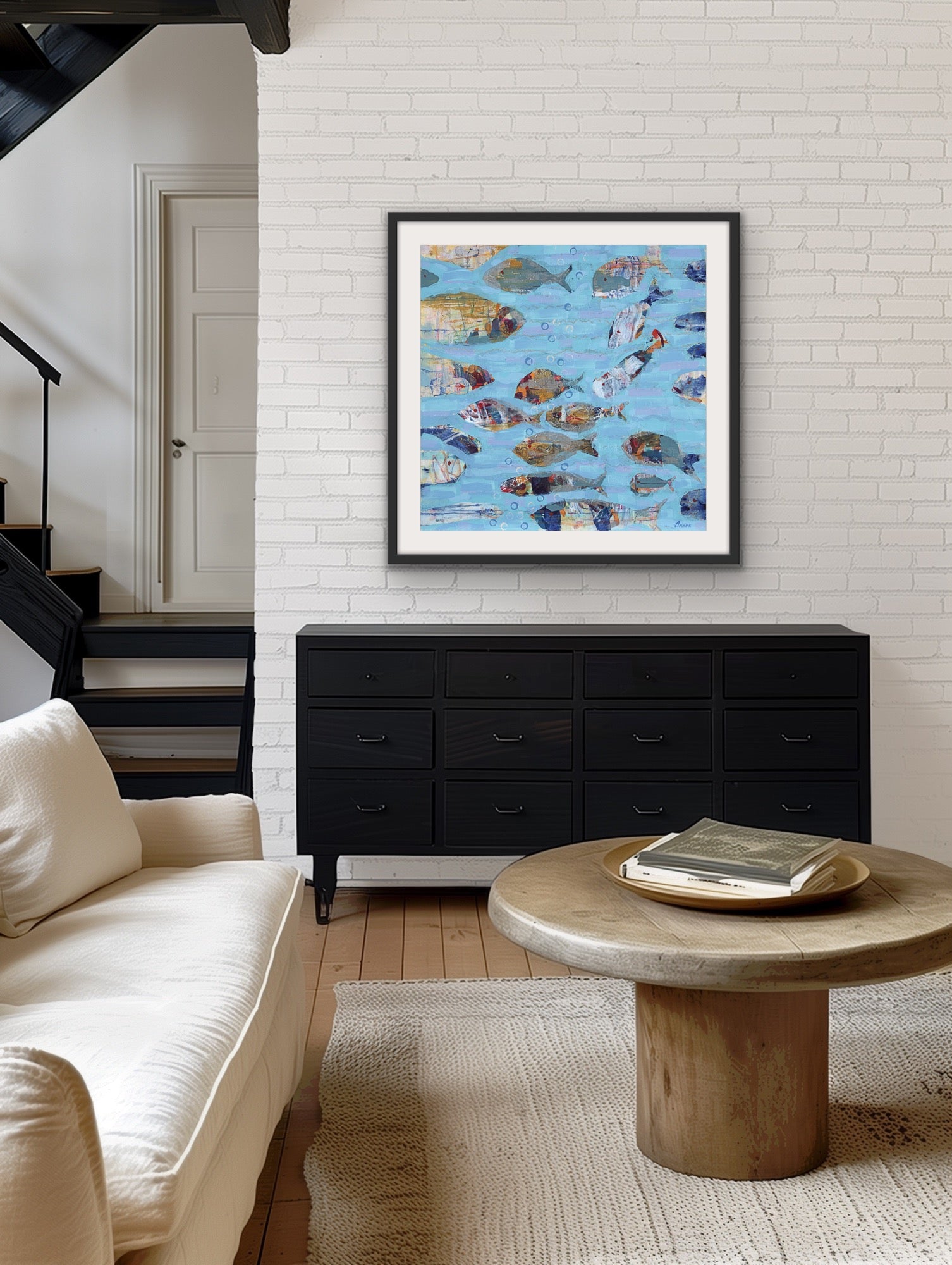 School of Wonder cotton rag fish art print framed in living room