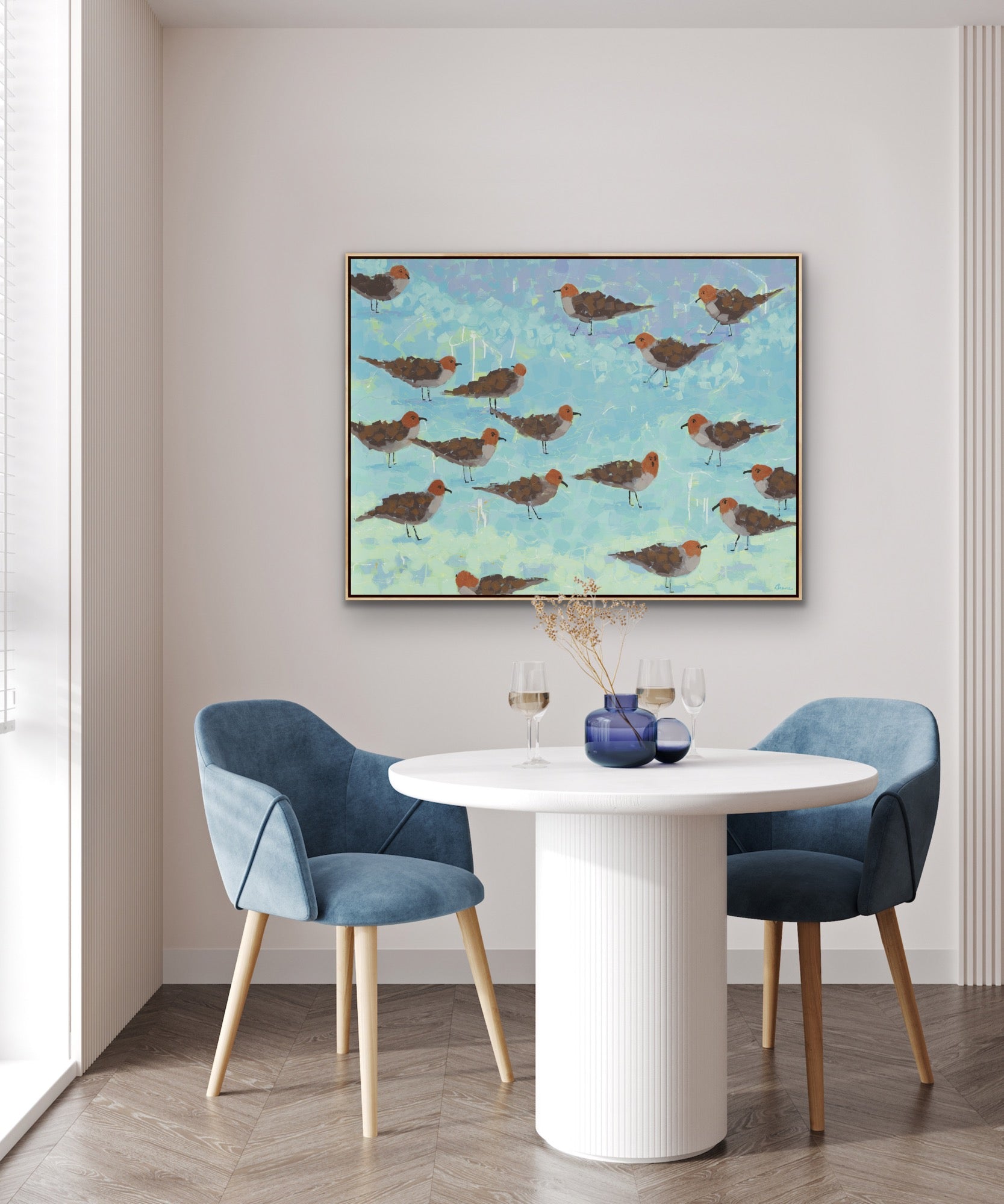 36” x 48” original shorebird painting with gentle motion and playful composition.