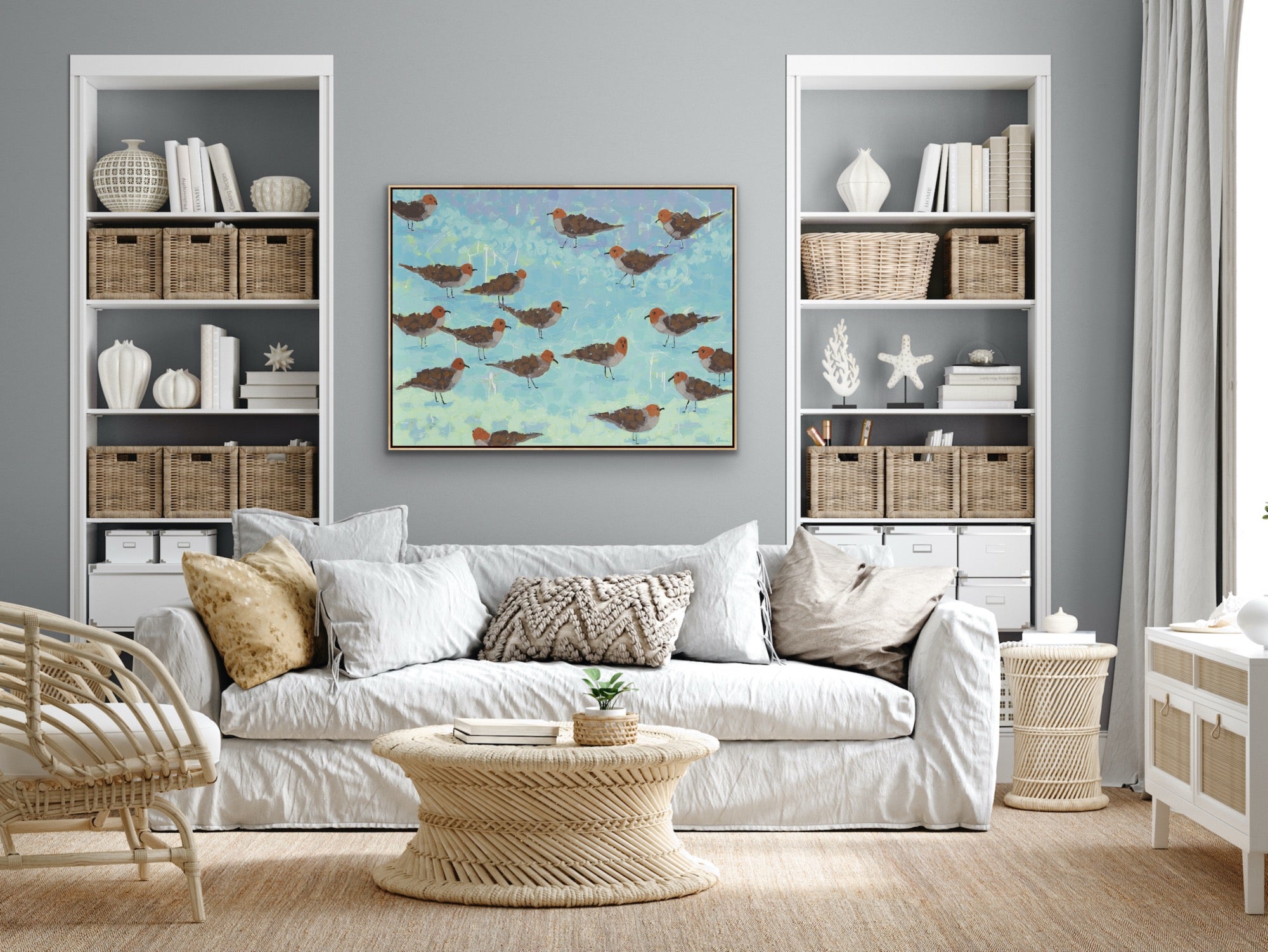 Morning Briefing I original coastal painting displayed in a refined interior.