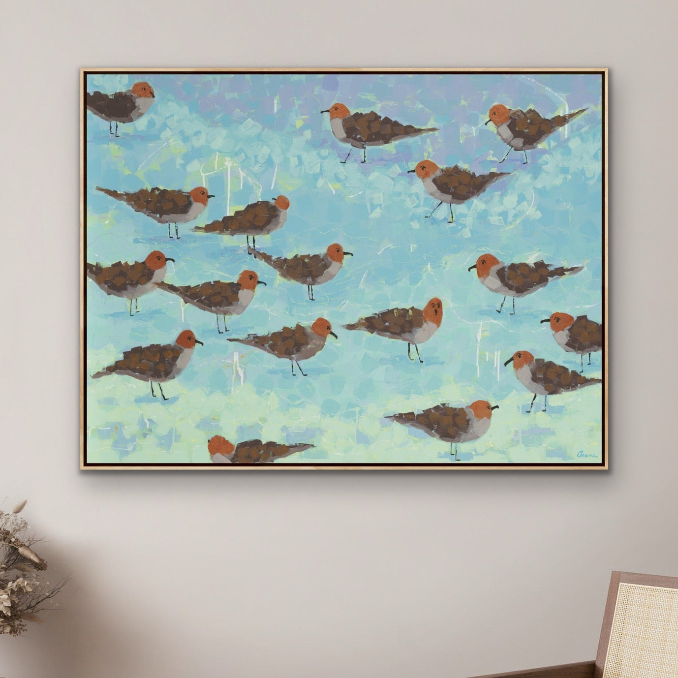 Original coastal bird painting Morning Briefing I by Martha Brane featuring rhythmic movement and soft blue tones.