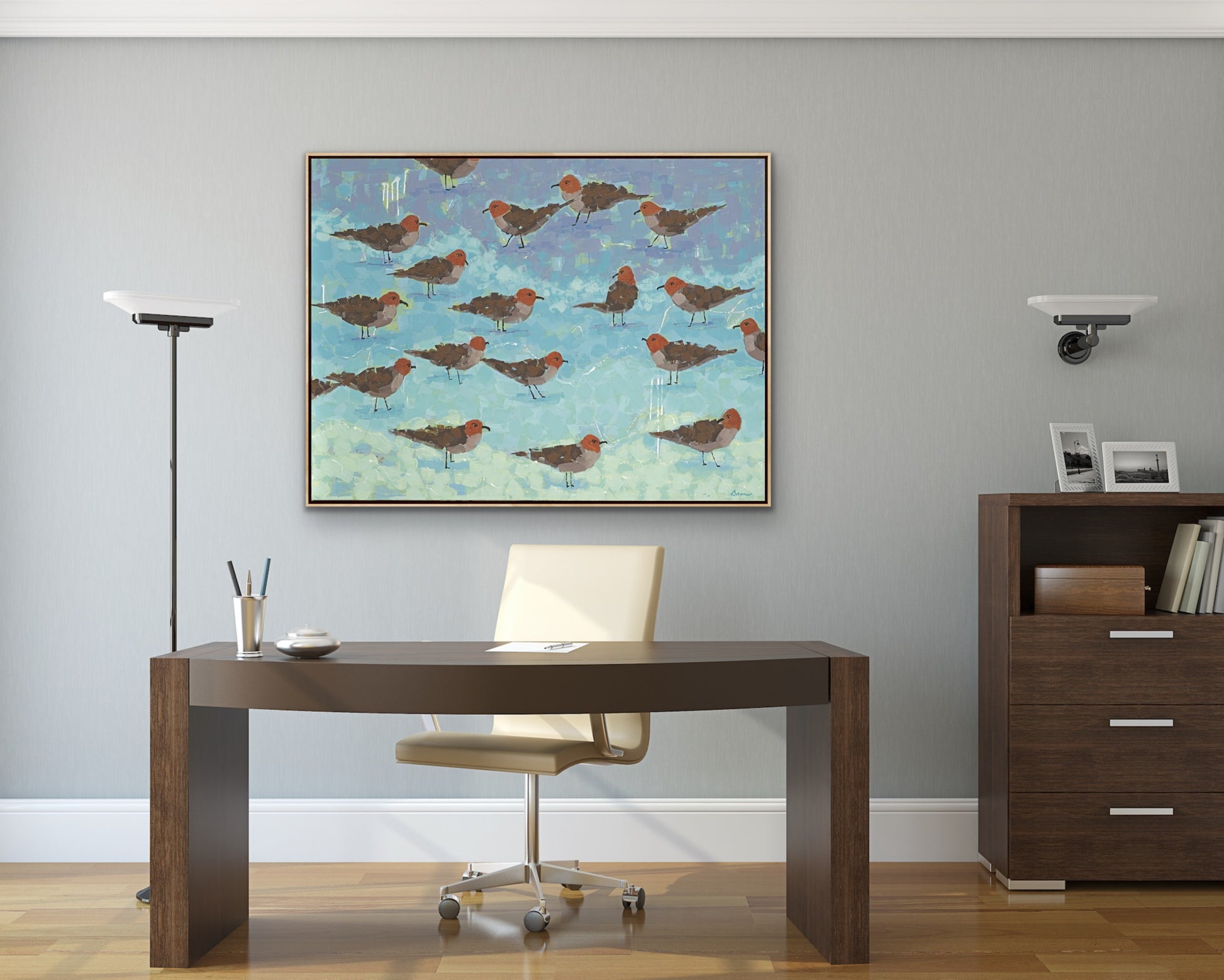 36” x 48” original shorebird painting with gentle motion and light-filled composition.