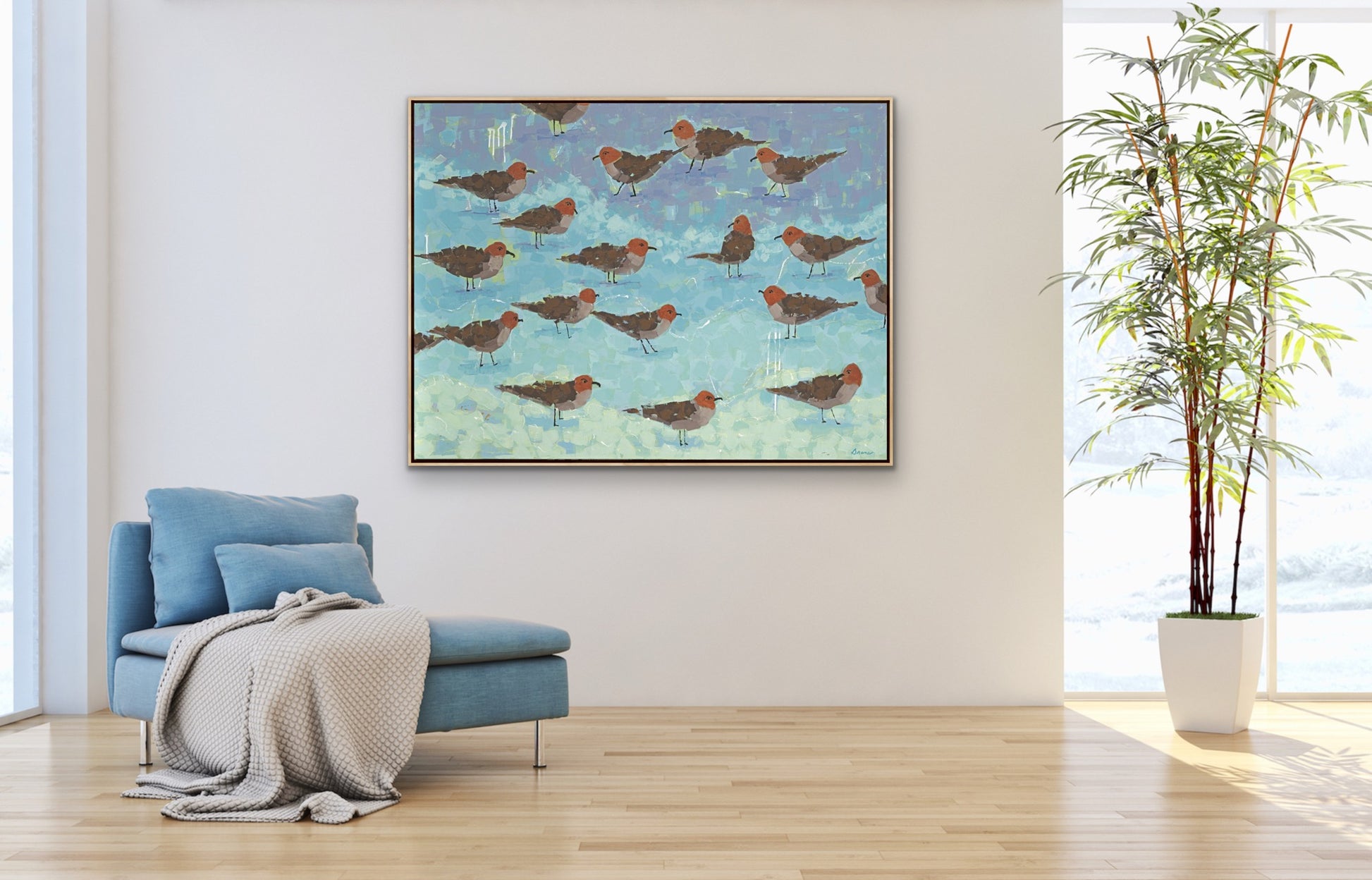 Morning Briefing II original coastal painting displayed in a refined interior.