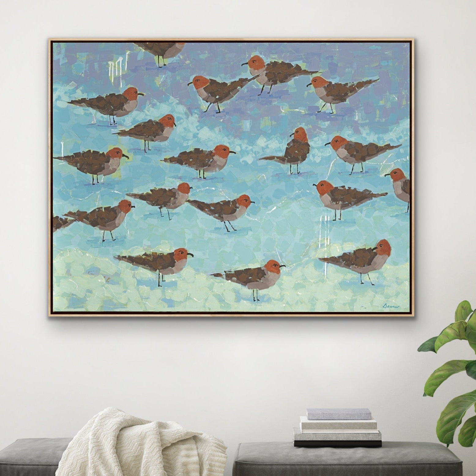 Original coastal bird painting Morning Briefing II by Martha Brane featuring rhythmic movement and soft blue tones.