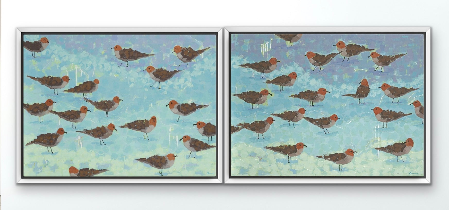 Playful shorebird diptych withlayered seafoam, aqua and blue tones