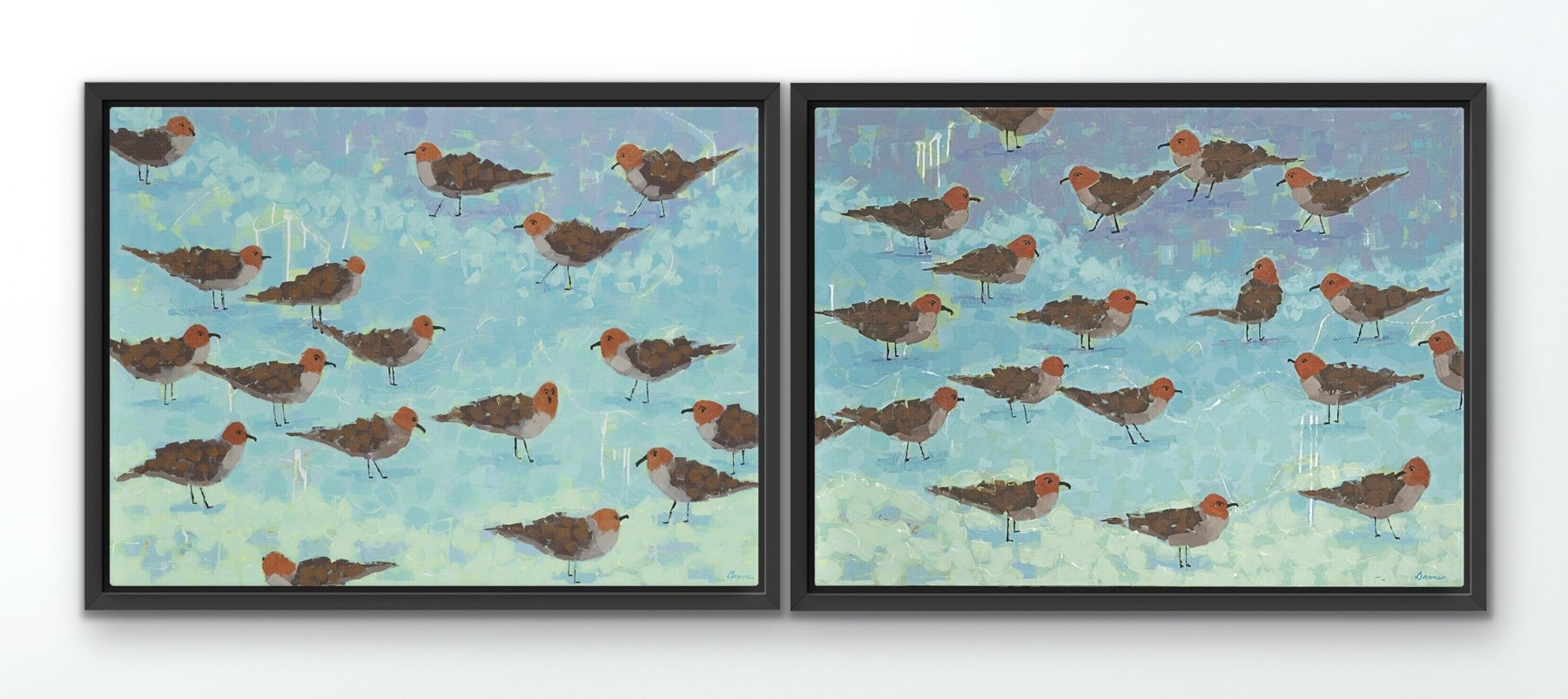 Coastal bird diptych canvas set with playful seagulls in blue and seafoam