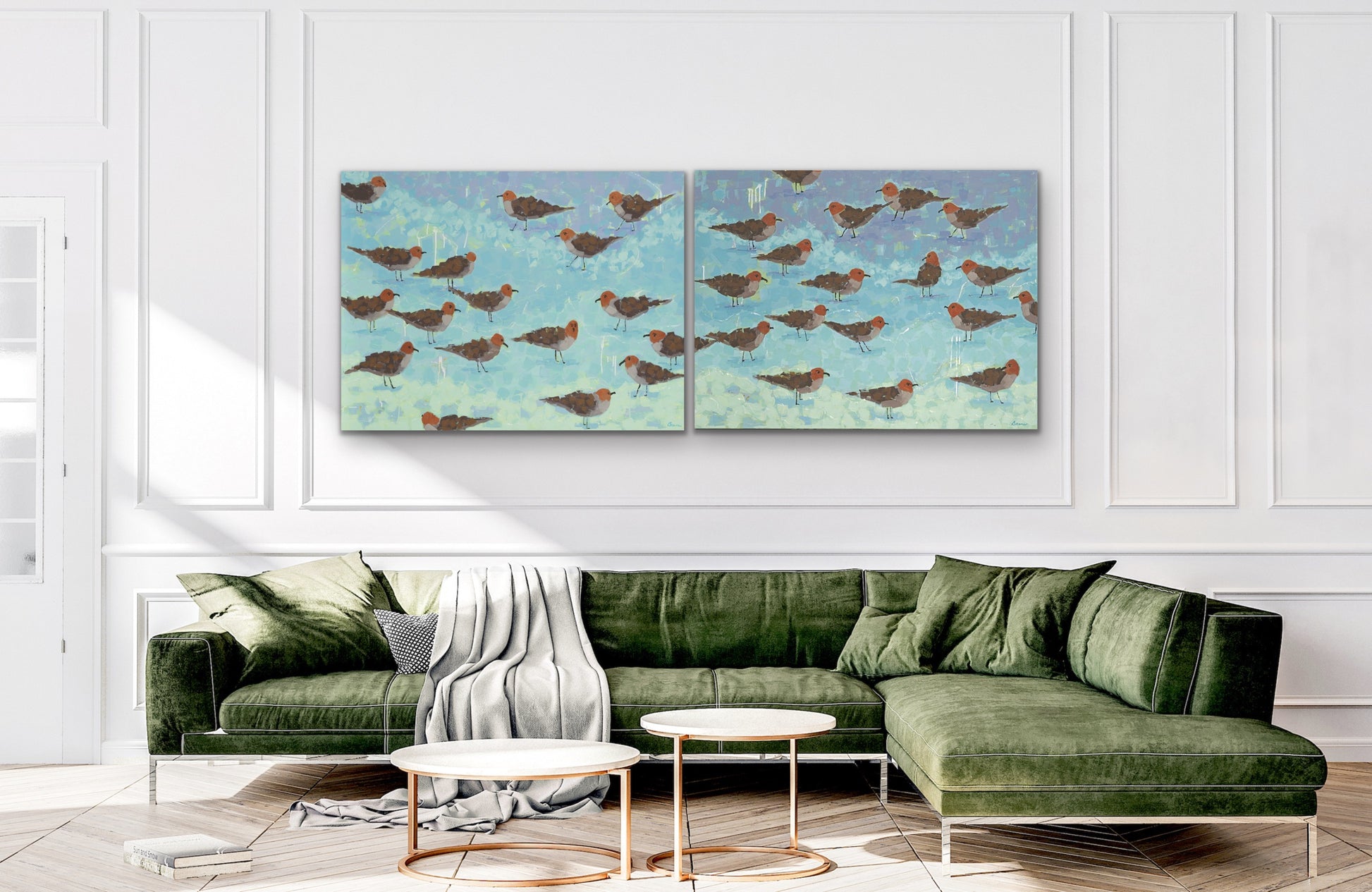 Morning Briefing I and II diptych showing rhythmic bird movement across two coordinating coastal paintings.