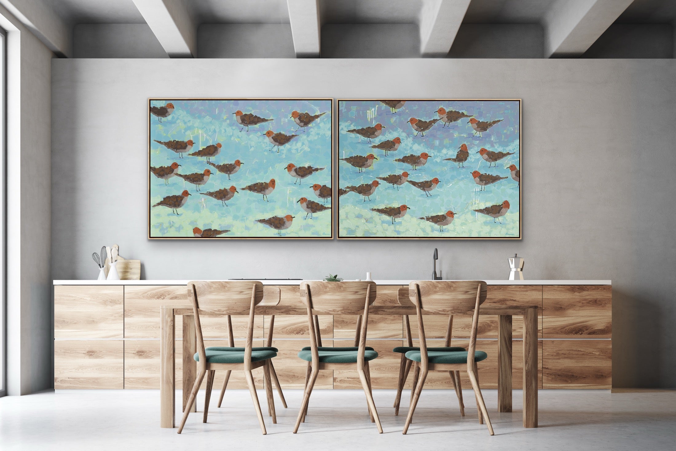Morning Briefing I and II original coastal bird paintings by Martha Brane displayed together as a refined diptych.