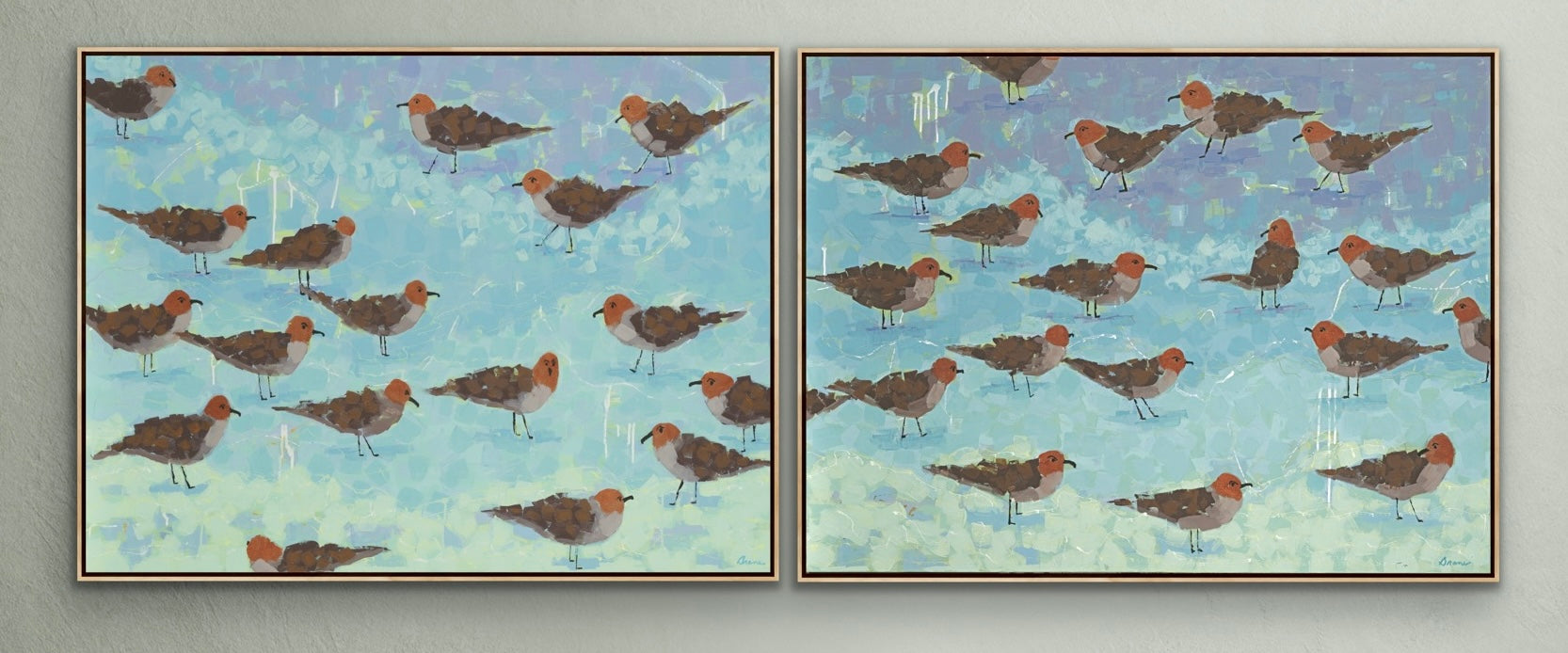 Morning Briefing I and II diptych highlighting bird gestures, orientation, and the sense of quiet conversation.