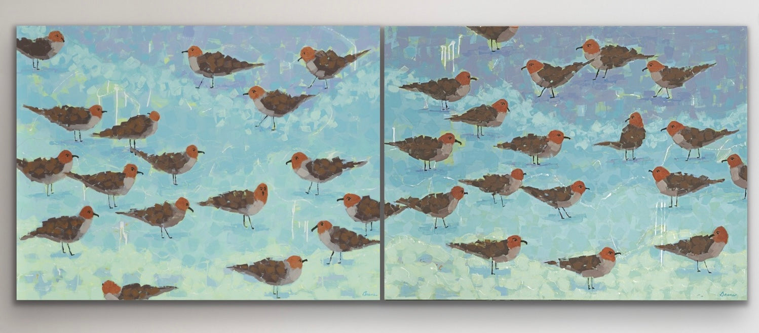 Morning Briefing diptych highlighting rhythmic shorebird movement and gentle visual flow across both paintings.