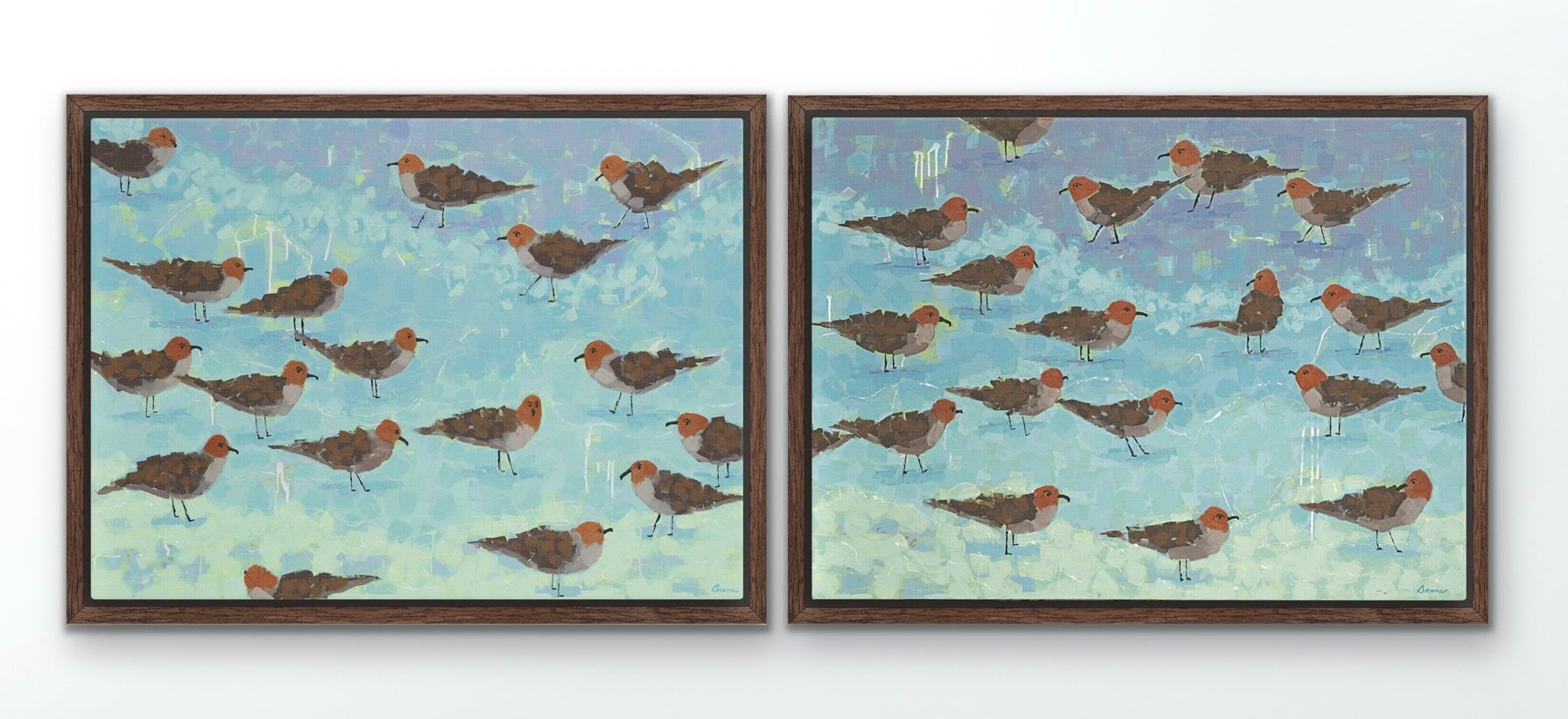 Larg coastal diptych with mosaic-style birds and textured oecen color