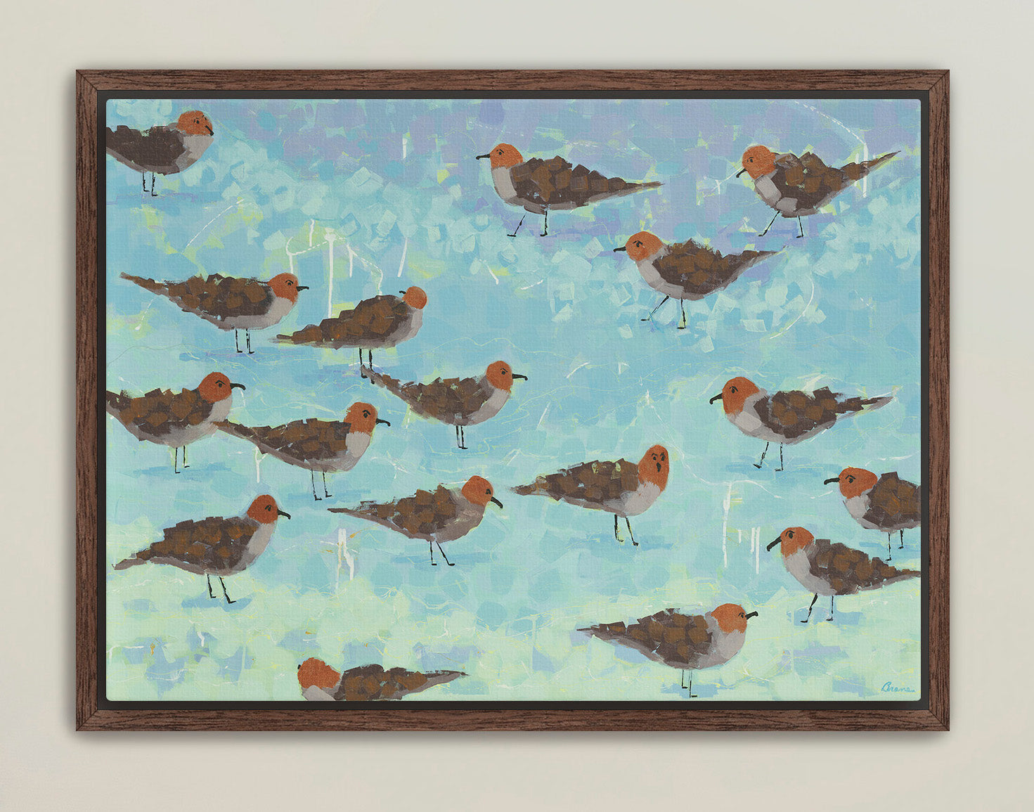 Coastal shorebird artwork featuring flock of seagulls in motion