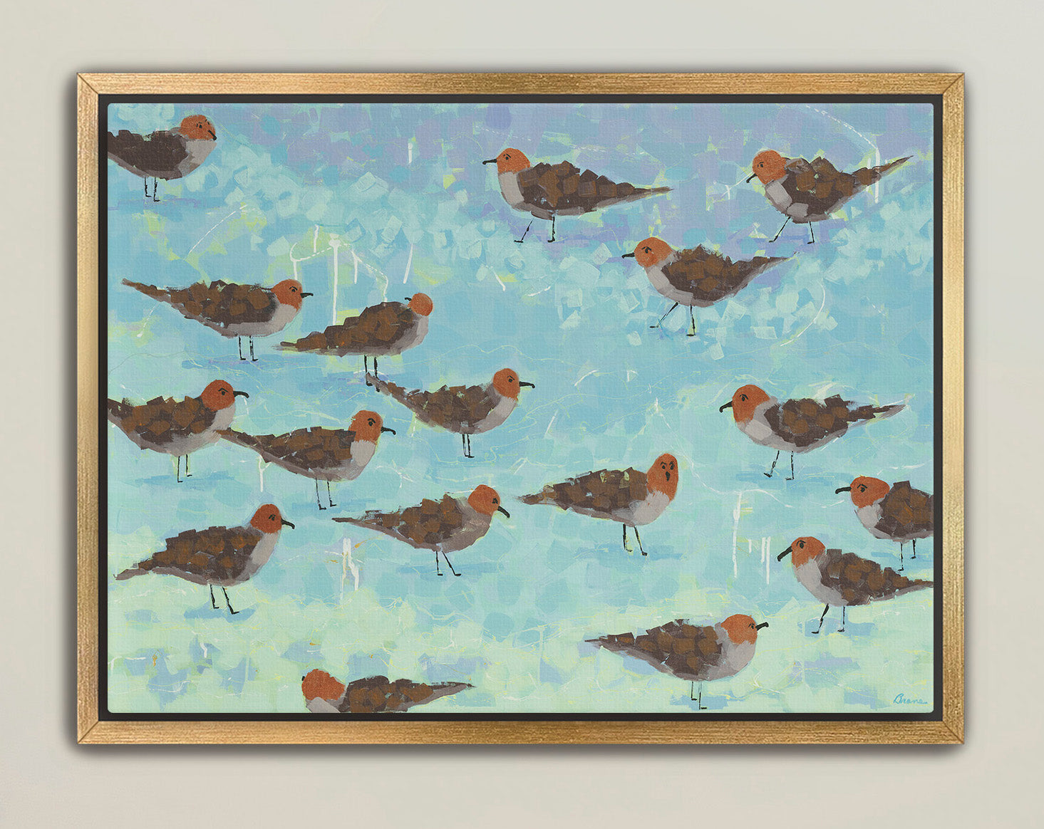 Textured seaside bird painting with layered blue and seafoam tones