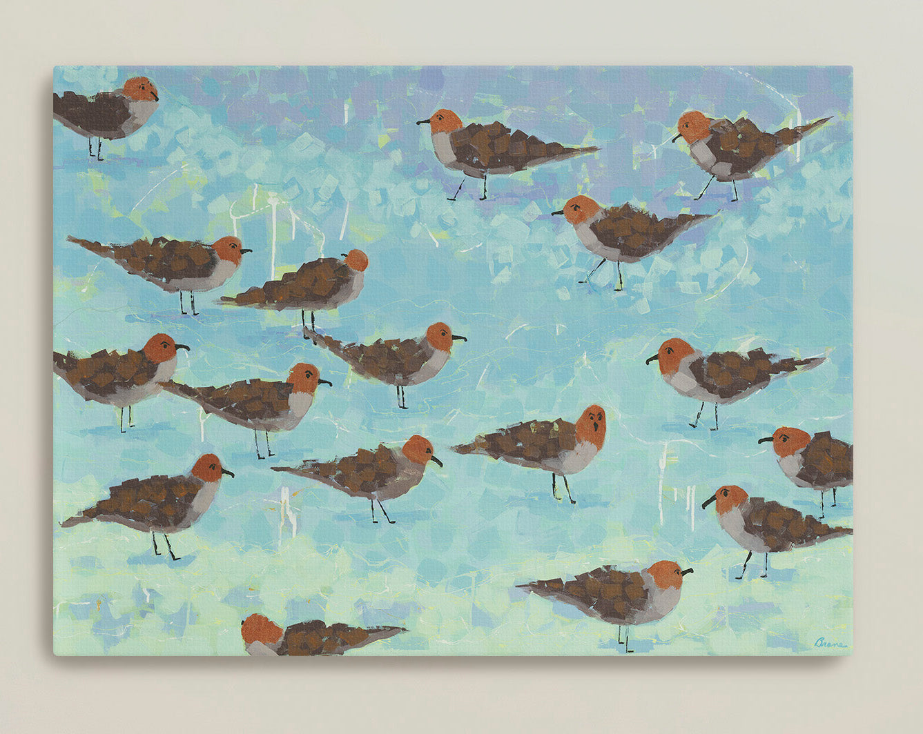 Morning Briefing I framed coastal shorebird canvas print with shorebirds.