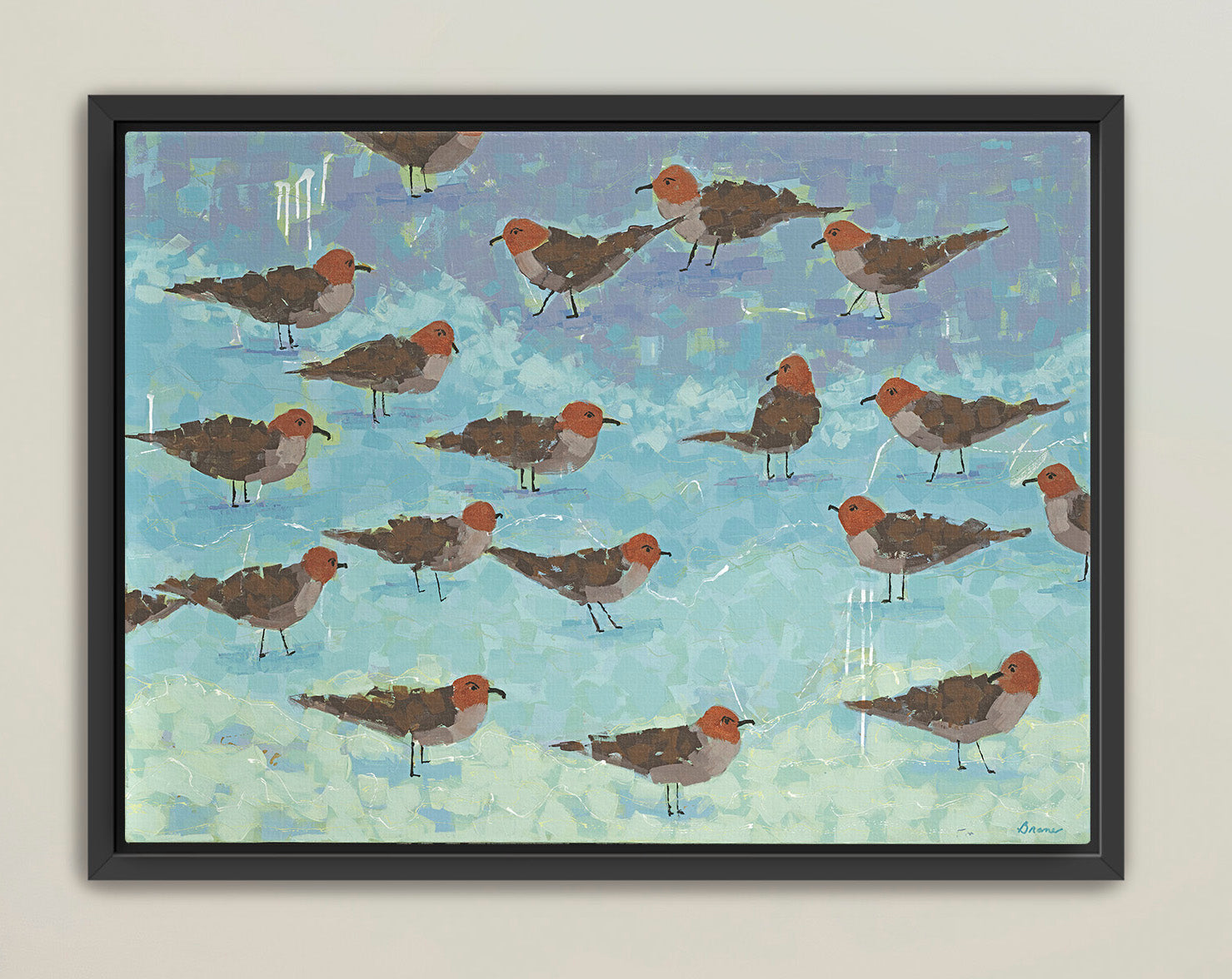 Framed seaside bird artwork with mosaic-style brushwork