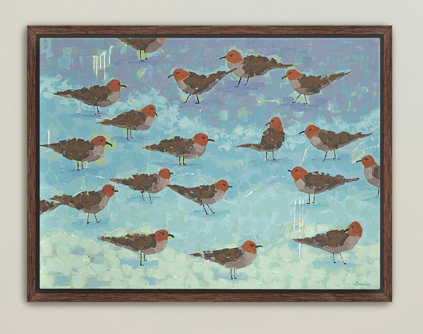 Shorebird artwork featuring flock of sandpipers in textured blues