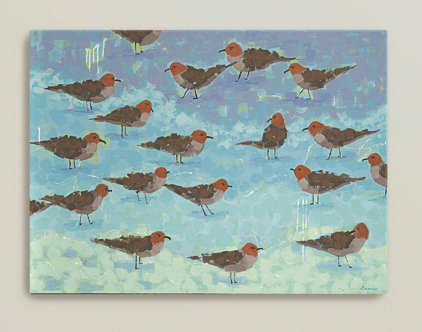 Playful coastal bird painting with layered seaside hues