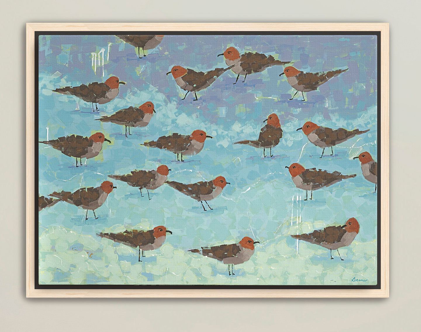 Coastal shorebird giclée canvas print with sandpipers, aqua tones, and textured seaside color. Luxury archival wall art for modern coastal interiors.