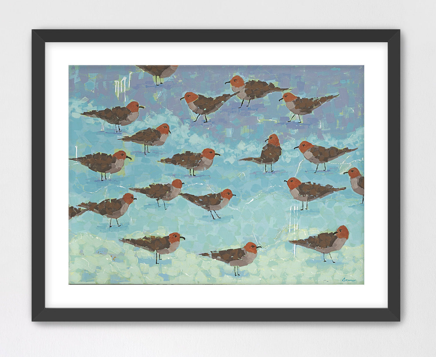 Beach house décor print featuring soft blue water and graceful coastal birds in flight and repose