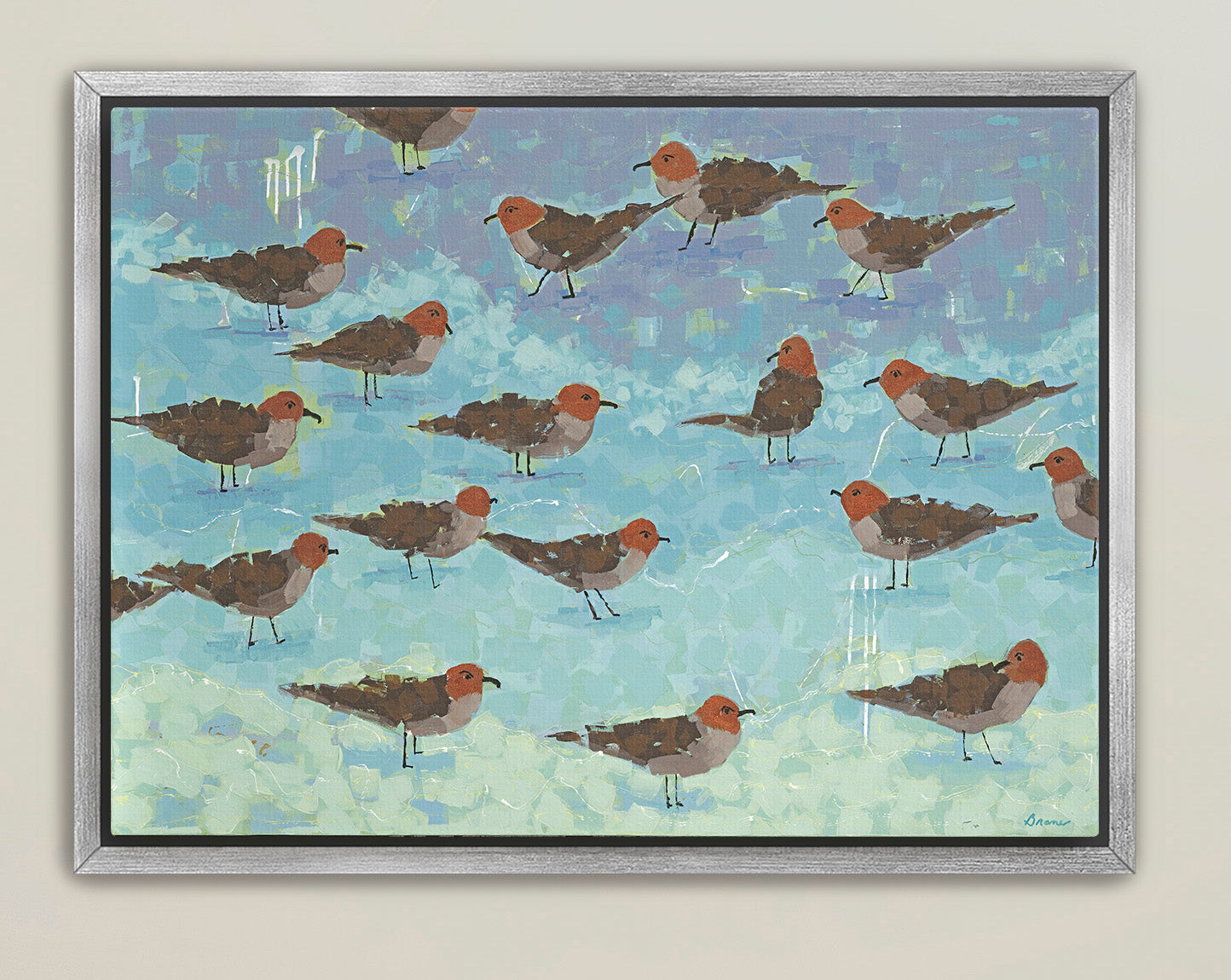 Playful coastal bird painting with layered seaside hues